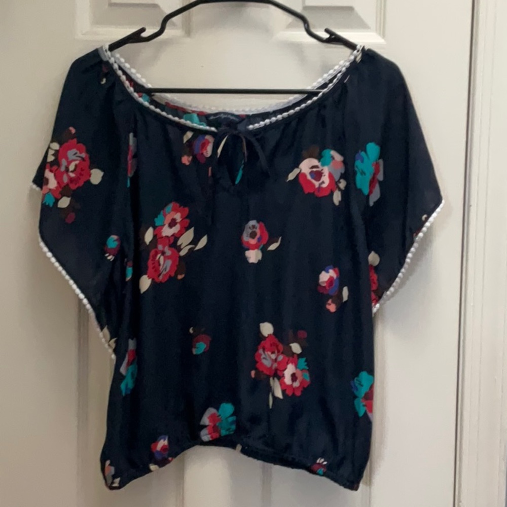 American Eagle Outfitters Black Floral Peasant Blouse with Pom Trim